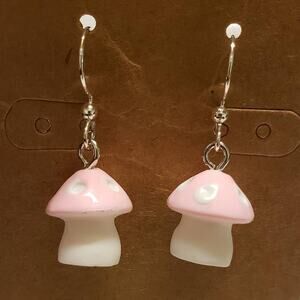 NEW Pink Mushroom Groovy Trippy Dangle Earrings Cottagecore Handmade Plastic